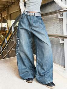 1pc American Street Style Women's Embroidered Loose Wide Leg Jeans Long Pants All Season Fashion Casual - Blue - View 3