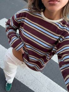 SDNGED Women's Casual Top, Striped Color Block Ribbed Fabric, Everyday Wear, Spring/Autumn - Blue-brown Wide Stripes - View 3