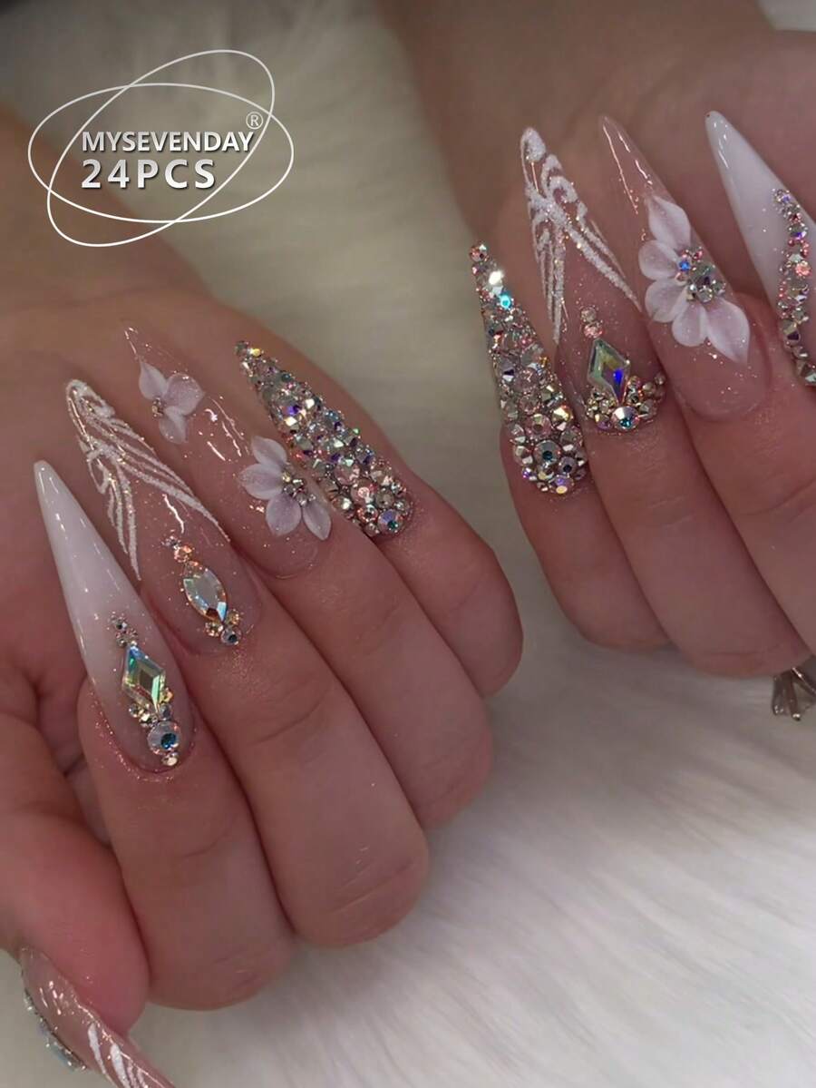 12 Peças Aleatórias de Unhas Postiças Longas em Formato de Gota d'Água, Padrão Floral Degradê com Strass Brilhante, Estilo Europeu Doce e Moderno para Mulheres, Nova Moda para Pontas dos Dedos, - Multicolorido - Visão 1