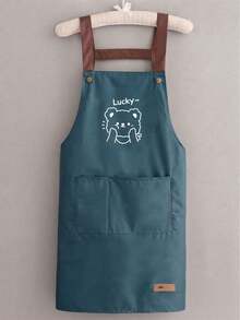 1pc Solid Color Lucky Bear Pattern Double-Sided Waterproof Barista Apron, Suitable For Home, Outdoor Kitchen And Catering Industry Floral Workwear - Multicolor - View 14