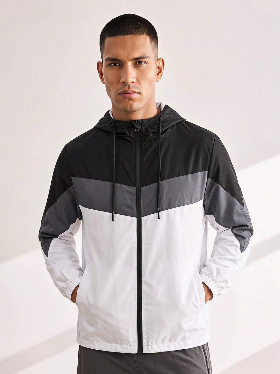 Driftmere Men's Autumn/Winter Contrast Color Drawstring And Zipper Closure Hooded Jacket - Black and White - View 1