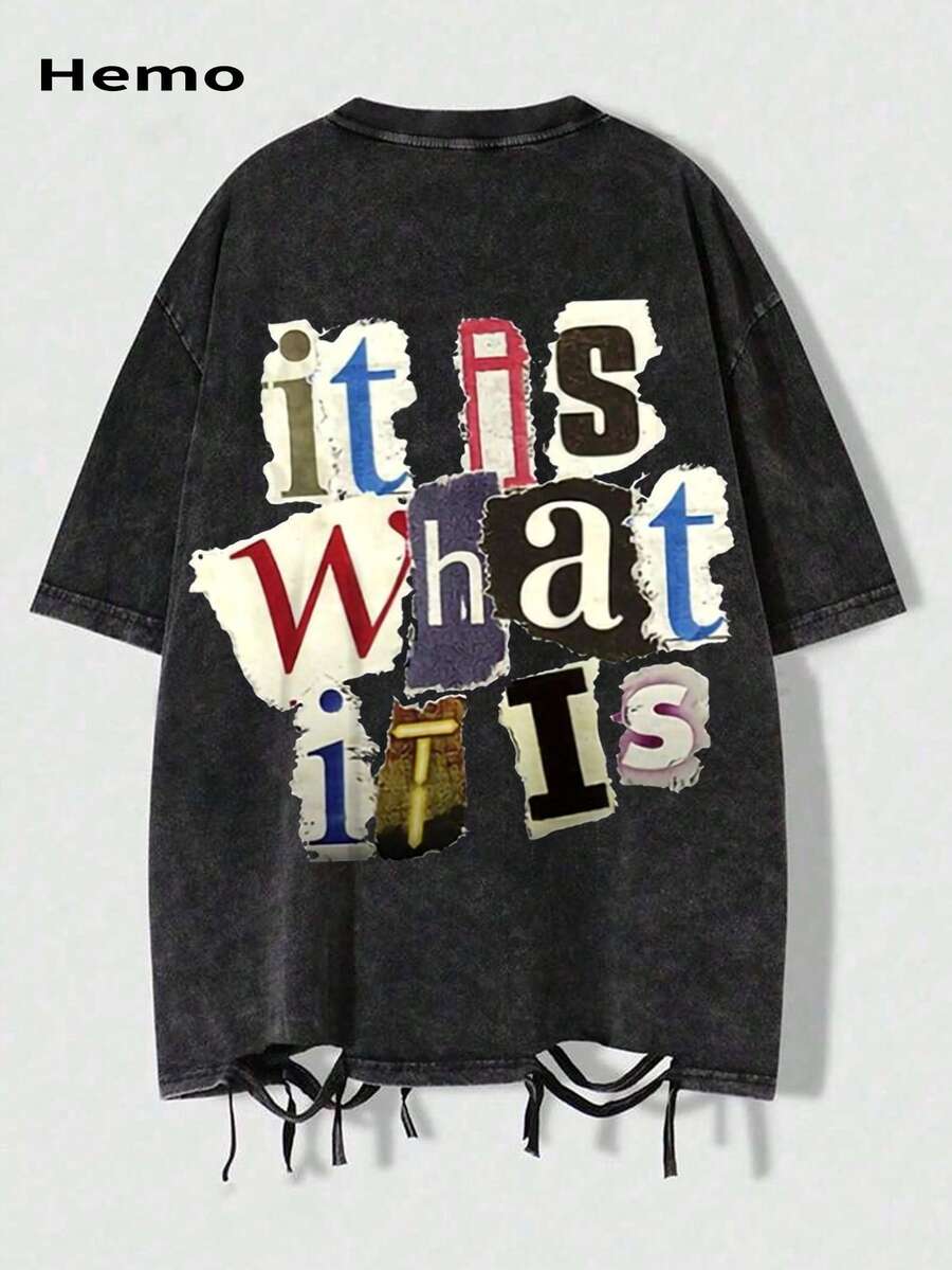 Hemo,“It Is What It Is”字母印花男士时尚百搭上衣,街头复古做旧圆领短袖水洗T恤 - 黑色 - 查看 1