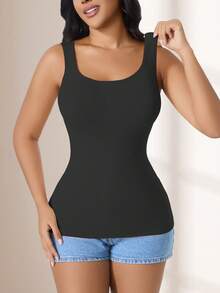 CELILIN Seamless Scoop Neck Tank Top For Women, Soft Ribbed Slim Fit Layering Cami, Comfortable Stretchy Everyday Undershirt - Black - View 8