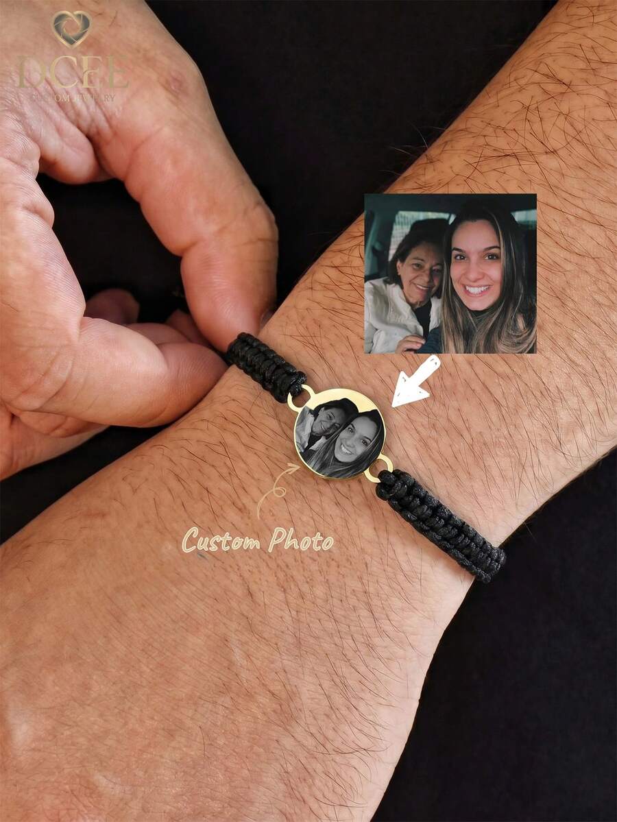 1PC Customized Photo Engraved Bracelet, Customizable Family, Lover, Pet Portrait Photo Metal Round Pendant. Gold-Plated Round Pendant Paired With Handmade Woven Black Rope, Adjustable Size, Simple And Versatile Woven Style, Alloy Material Durable And Resistant To Oxidation And Fading. Suitable For Mother's Day Gift For Mom, Anniversary Gift For Partner - Custom Woven Bracelet - View 1