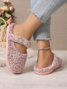 Pink & Brown Leopard Print Fuzzy Rhinestone Single Strap Full Coverage Round Toe Slip-On Sandals For Women, Flat Furry Slides For Home And Outdoor Wear, Autumn/Winter - Pink - View 5