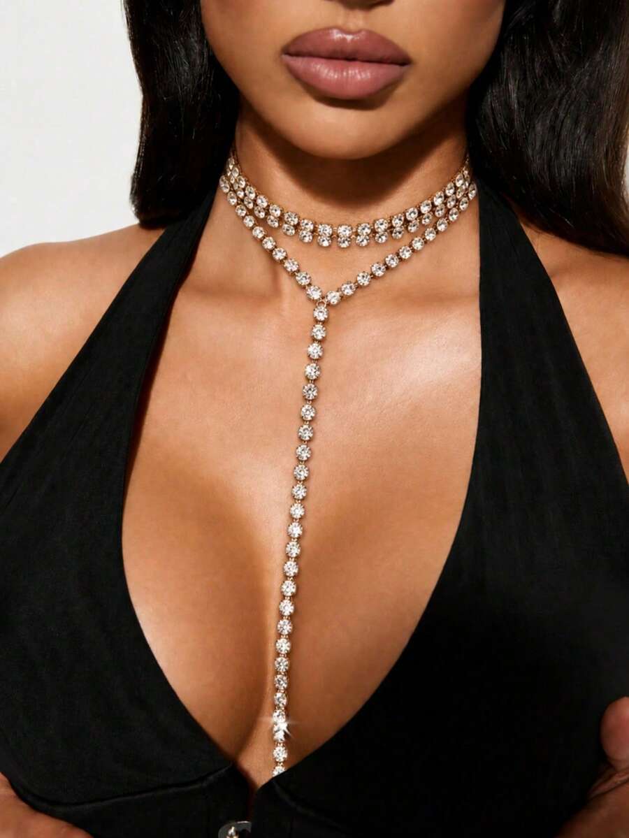1 Buah Kalung Choker Berlian Imitasi Berkilau Seksi, Aksesori Perhiasan Wanita untuk Gaun Pengantin dan Pesta Pernikahan - Perak - View 1