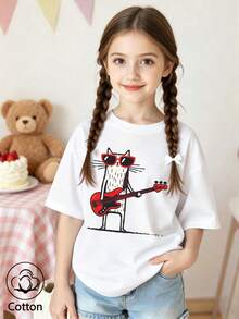 Summer And Autumn Cotton Girls' Short Sleeved T-Shirt With Cat Playing Electric Guitar Print, Cute And Sweet Style - White - View 3