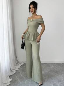 Solid Color Cute Party Metal Decor Off-Shoulder Casual Ruffle Top And Pants Loungewear Set - Bean Green - View 7