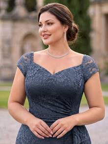 Plus Size Floral Lace V-Neck Open Shoulder Ruffle Slit Formal Evening Party Long Dress, Wedding Guest Dress Elegant Summer - Grey - View 9