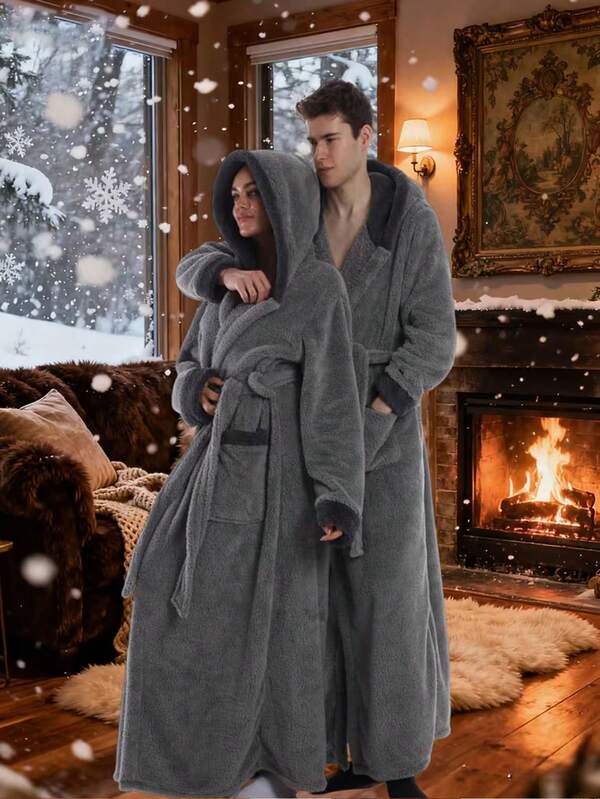 Couples Hooded Warm Winter Long Microfiber Bathrobe, Super Absorbent Quick-Dry Lightweight Plush Material Robe With Side Pockets, Anti-Pilling Double-Stitched Warm Home Wear, Suitable For Shower, Spa, Hotel Travel, Pool Party And Other Occasions, Halloween Couples Outfit Robe