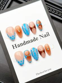 10 piezas de uñas postizas de forma almendrada corta hechas a mano, estilo Y2K, esquema de color azul y marrón, adecuadas para varias ocasiones, set de uñas postizas de acrílico de alta calidad - Multicolor - Ver 3