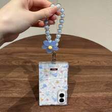 Korean Style Cute Blue & Pink Floral Pleated Transparent Phone Case With Flower Chain, Compatible With Samsung Galaxy Z Fold 8 Wide ZFold8 Back Cover - Transparent + Blue Flower Chain - View 5