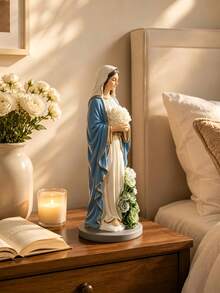 1 pezzo Statuetta della Vergine Maria, piccola figurina, scultura decorativa religiosa cattolica con dettagli di rose, decorazione cristiana, adatta per scaffale, scrivania, soggiorno, camera da letto - Stili multipli - Visualizzare 1