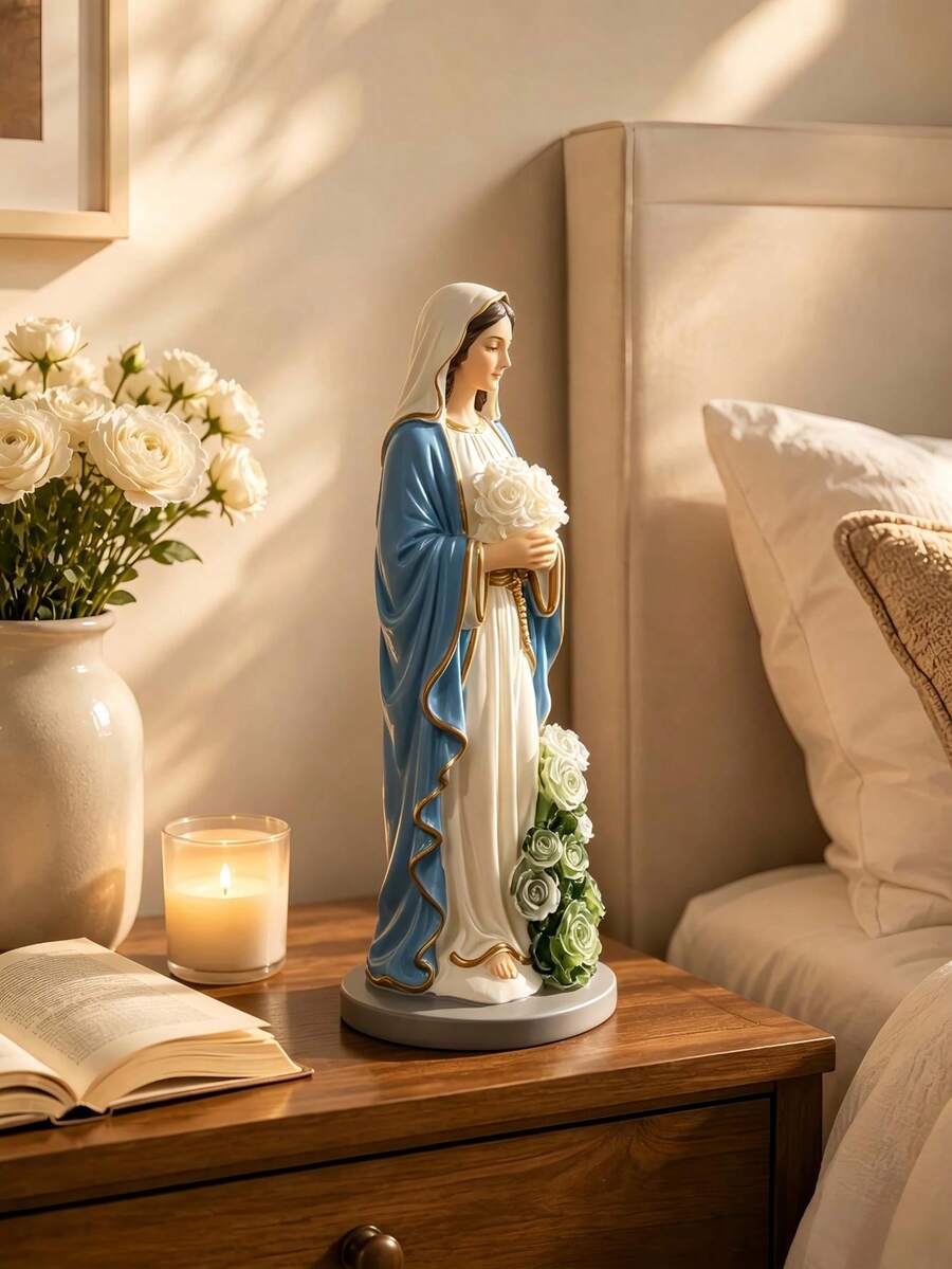 1 pezzo Statuetta della Vergine Maria, piccola figurina, scultura decorativa religiosa cattolica con dettagli di rose, decorazione cristiana, adatta per scaffale, scrivania, soggiorno, camera da letto - Stili multipli - Visualizzare 1