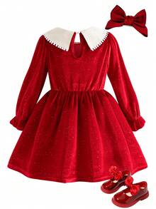 Girls' Casual Fashion Umbrella Hem Large Collar Long Sleeve Knee-Length Dress, Spring/Autumn - Red - View 2