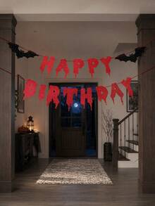 Red Glitter Happy Birthday Halloween Banner, Halloween Decoration - Halloween Hanging Paper Garland Triangular Flag Blood-Colored Bat Vampire Decor, Wall Home Fireplace Office Wall Photo Backdrop, Horror Party Supplies, Halloween Gift, Party Decoration, DIY Hanging Decor - A - View 5