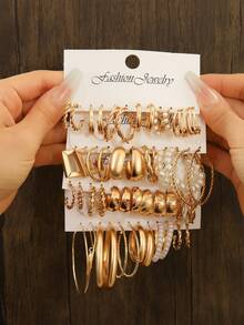 24pcs Bohemian Style Women Metal Earrings Set, Includes Faux Pearl Earrings And C-Shaped Earrings, Suitable For Daily Wear, Parties And Holiday Gifts - Multicolor - View 13