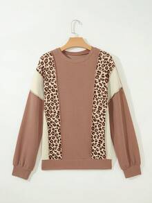 Acelitt Women's Ribbed Knit Leopard Print Patchwork Top, Long Sleeve Crew Neck Casual Pullover, Suitable For Spring And Autumn - Multicolor - View 4
