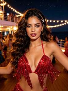Belly Dance Jazz Sequin Fringe Halter Fitted Performance Crop Top (Multiple Colors Available) - Multicolor - View 3