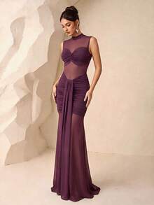 Wine Red Mesh Sheer Twist Knot Dress, High Neck Sleeveless Pleated Fishtail Dress, Sexy Slimming Evening Gown, Elegant Lady Party Dress, Retro Wine Red Sheer Dress, Sexy Club Diva Long Dress Wedding - Burgundy - View 4