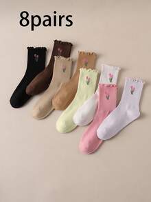 4/8 Pairs Sweet Style Tulip Floral Frill Trim Women's Mid-Calf Socks - Multicolor - View 18