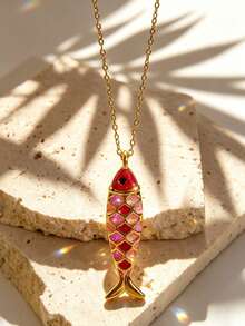 1 Set Macaron Style Stainless Steel Women's Pendant Necklace With Bead/Fish Design, Suitable For Vacation And Travel Wear - Yellow Gold - View 8