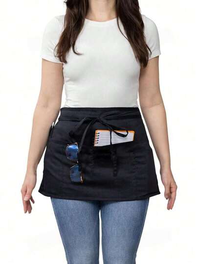 1pc Waitress Apron With Pockets, Short Apron With Pockets, Waist Apron, Server Apron With 3 Pockets, Gardening, Cooking And Waitress Apron | Extra Long Shoulder Straps - Black/White