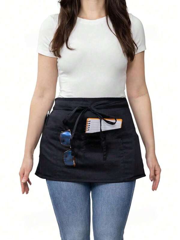 1pc Waitress Apron With Pockets, Short Apron With Pockets, Waist Apron, Server Apron With 3 Pockets, Gardening, Cooking And Waitress Apron | Extra Long Shoulder Straps - Black/White