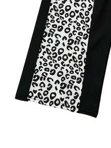 Women's Leopard Print Patchwork Wide Leg Sweatpants, Lightweight Breathable Drawstring Waist Loose Fit Joggers, Suitable For Fitness And Cycling - Black - View 3