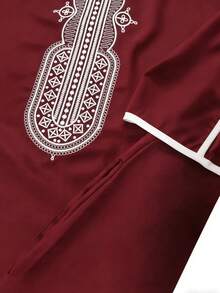 Men's Ramadan Embroidered Thobe, Men's Pullover Gandoura Solid Color Thawb, Arabic Men's Traditional Gandoura Thobe Robe With Pockets - Burgundy - View 5