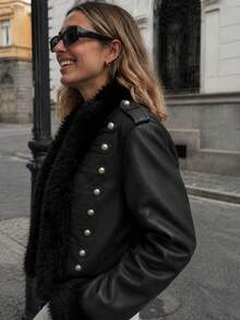 Vintage Y2K Black PU Jacket With Faux Fur Trim And Silver Buttons, Military Style Blazer Coat For Autumn Outfits - Black - View 2