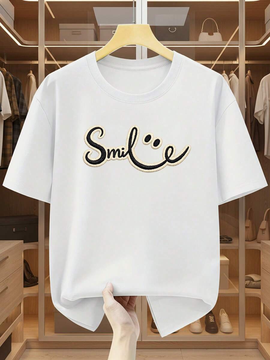 Maglietta da uomo taglie forti, 100% cotone, con ricamo "Smile", collo rotondo, maniche corte. Maglietta casual e comoda a maniche corte. - Bianco - Visualizzare 1