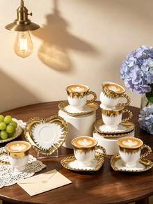 6pcs/1pc 90ml Heart-Shaped Ceramic Coffee Cup & Saucer Set, Microwave & Dishwasher , Espresso & Arabic Coffee Cup, Saudi National Day Gift, Suitable For Afternoon Tea, Cafe, Kitchen - Multicolor - View 6