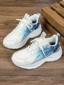 Men White Blue Gradient Graphics Sneakers, Low Top Lace Up Breathable Mesh Thick Sole Casual Jogging Shoes For Daily Outings Outdoor Activities - White and Blue Background - View 5