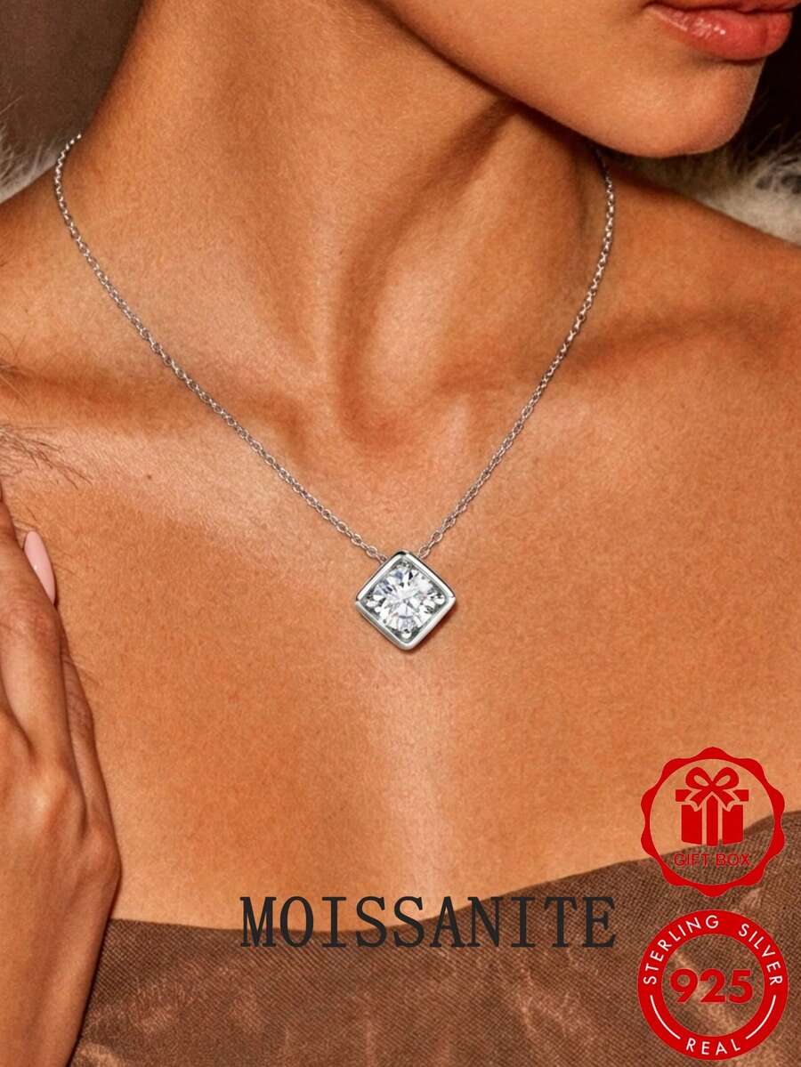 1pc 5 Carat Square Inlaid Round Moissanite Pendant Necklace, S925 Sterling Silver Women's Single Diamond Necklace, Exquisite Adjustable Cable Chain, Birthday Anniversary Valentine's Day Minimalist Jewelry Gift - Style a - White - View 1