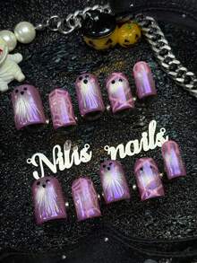 10 pièces Ongles carrés entièrement recouverts faits à la main, ongles à coller, motif œil de chat rose pastèque argenté fantôme & toile d'araignée, faux ongles d'Halloween, réutilisables, convenant pour les fêtes, le quotidien, le cosplay, avec colle gelée et lime à ongles, jolis ongles de fête pour les filles - Rose orangé - Voir 3