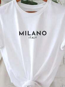 Letter Print Crew Neck T-Shirt, Casual Short SLeesve T-Shirt For Spring &Amp; Summer, Wo Clothing , Valentine's Day - 白色 - 查看 1