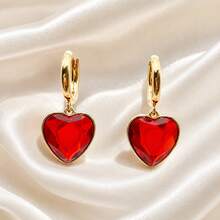 1 Pair Red Heart Metal Pendant Earrings - Gold+Red - View 8