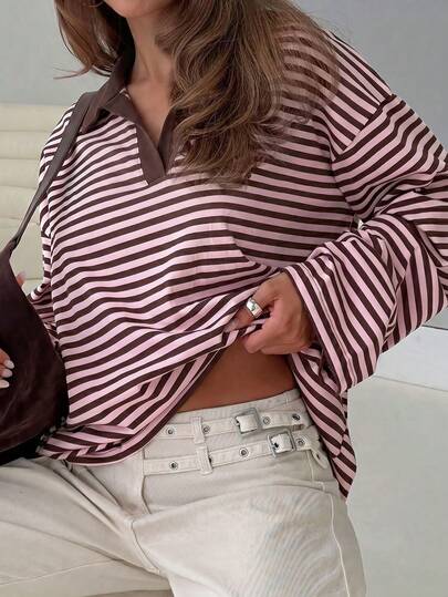GLAMSKIN Women's Striped Polo Collar Long Sleeve Top, Loose Casual Colorblock V-Neck T-Shirt, Basic Autumn Daily Streetwear Back To School Outfit
