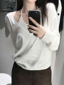 Korean Style Chic Autumn New Deep V-Neck Elegant Relaxed Fit Thin Long Sleeve Knit Sweater - White - View 4