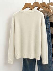 Women's Cute Giraffe Print Ribbed Knit Pullover Sweater, Long Sleeve, Regular Fit, Medium Stretch, Ideal For Autumn/Winter Fall - Apricot - View 7