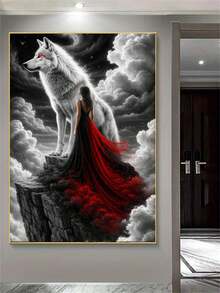 1pc Diamond Painting Kit, Atmospheric Black And White Fantasy Wolf And Long Dress Girl Diamond Art, Living Room Entryway Bedroom Decor Wall Art, Handmade DIY Rhinestone Art Painting, Adult Stress Relief Home Decor Wall Art, Suitable For Living Room, Bedroom, Office, Ideal Holiday Gift - round diamond - View 4