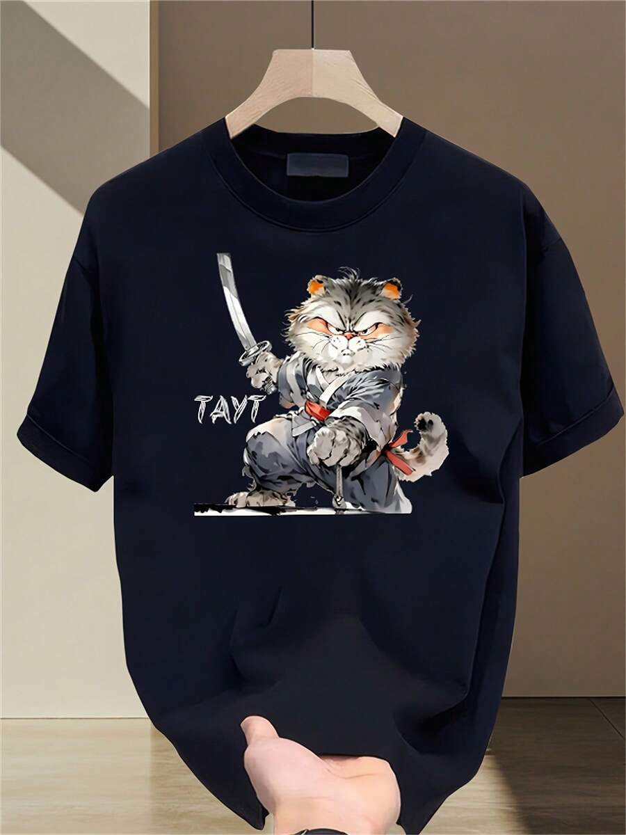 Korean Style Pure Cotton T-Shirt For Men - Summer Short Sleeve Round Neck T-Shirt, Machine Washable, Suitable For Casual Wear - 黑色 - 查看 1