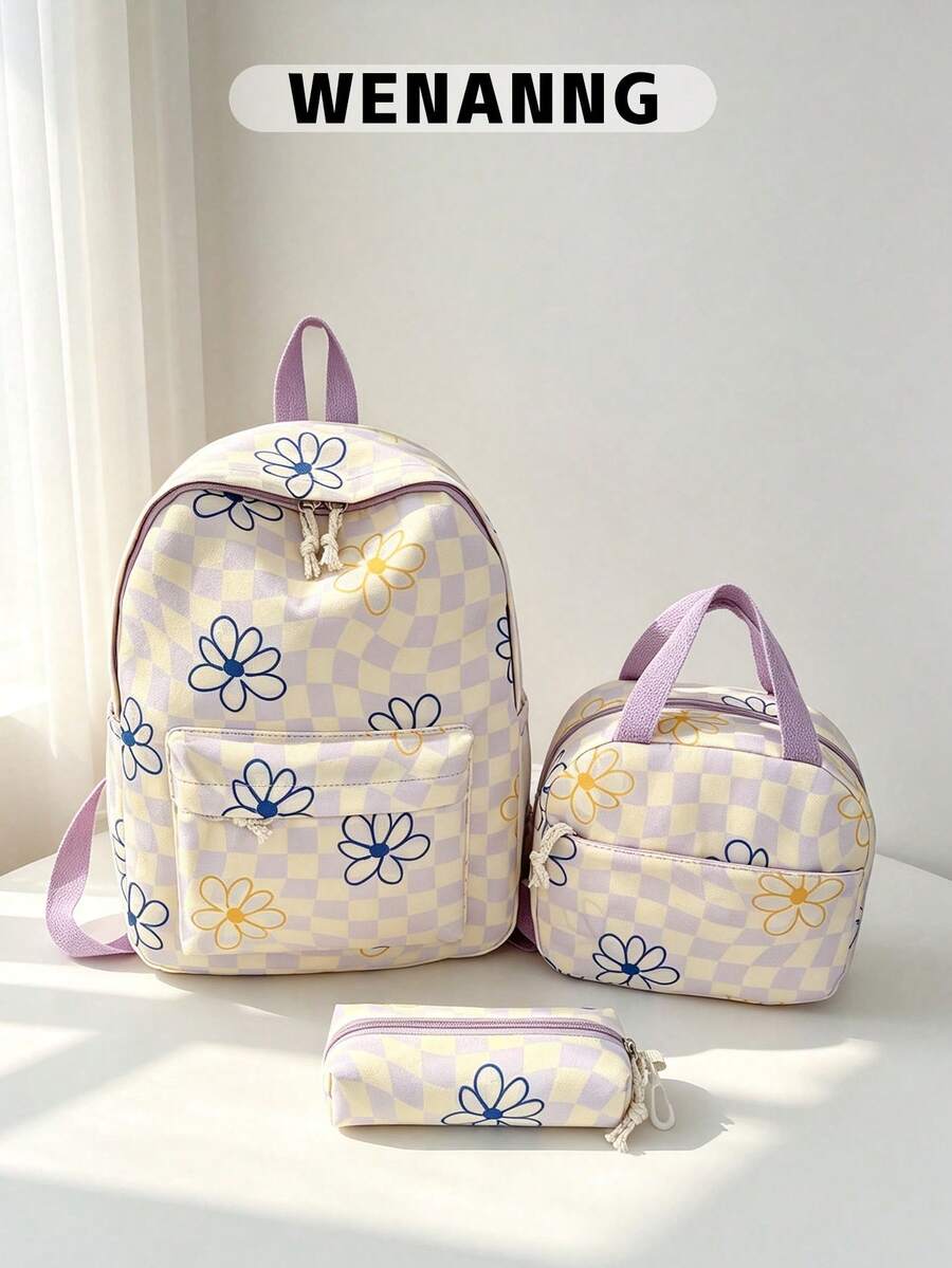 3-Piece Back To School Backpack Set - Checkerboard/Floral Pattern Large Capacity Backpack + Lunch Bag + Pencil Case Multi-Piece Set, With Laptop Compartment, Bow Pattern, Durable Nylon Backpack, With Adjustable Shoulder Straps And Spacious Multi-Pockets - Lightweight Portable Zipper Bag, Suitable For Students/Teens/Graduates, Perfect For Outdoor/Travel/Middle School/High School/College, Essential College Backpack - Purple - View 1