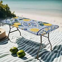 1pc Lemon Blue Floral Pattern Outdoor Elastic Tablecloth, Suitable For Spring And Summer Decoration, Perfect For Outdoor Patio, Indoor Dining, Picnic, Camping And Party - Multicolor - View 6