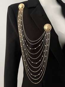 1pc Multi-Layer Tassel Chain Design Brooch, Exaggerated Geometric Pearl Chain Pendant - Gold - View 2