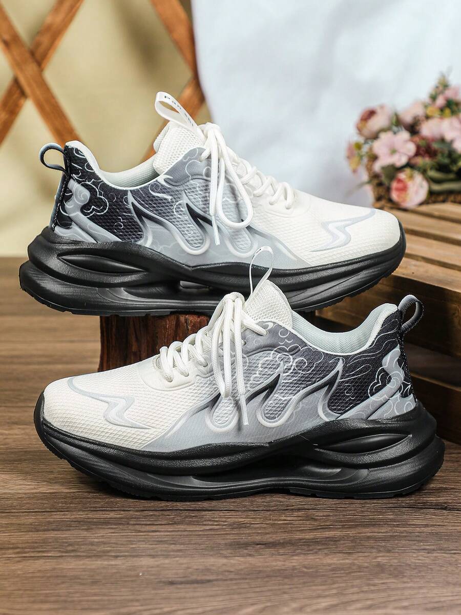 Men White Gray Gradient Cloud Print Sneakers,Low Top Lace Up Breathable Mesh Thick Sole Casual Running Shoes For Daily Outings Outdoor Activities - White and Black - View 1
