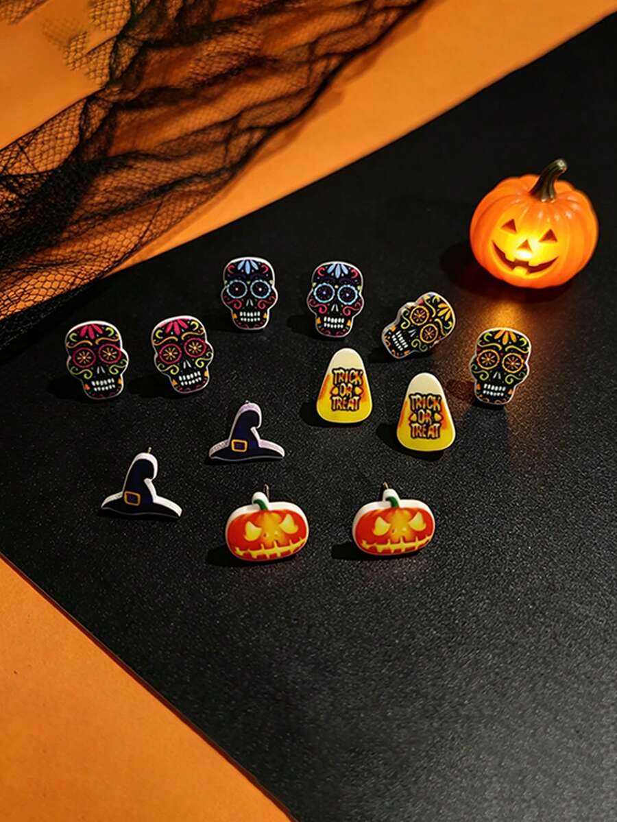 12pcs Halloween Element Wooden Stud Earrings Set, Suitable For Women's Daily Wear, Holiday Party Gathering, Halloween Holiday Gift - Multicolor - View 1