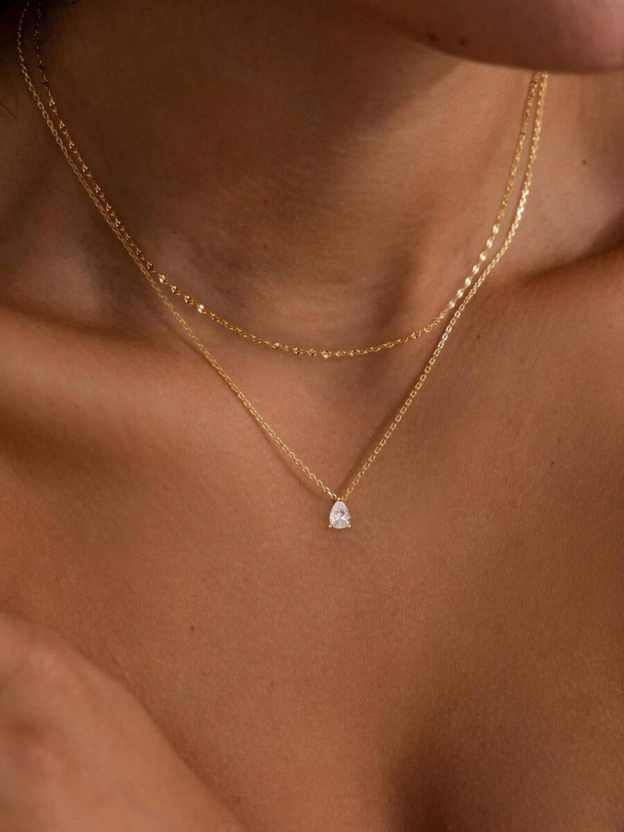 Layered Gold Necklaces For Women,14K Gold Plated CZ Pendant Necklace Stack Dainty Layering Teardrop Choker Necklaces Set Cute Gold Jewelry Sets - Gold - View 1