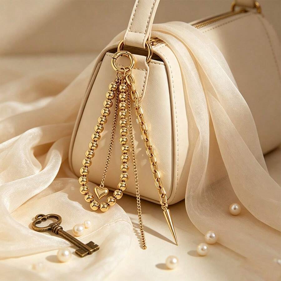 Elegant Metal Pearl Beaded Heart-Shaped Tassel Decor Pendant Keychain Beaded Chain Bag Chain Gift, Beautiful - A - View 1